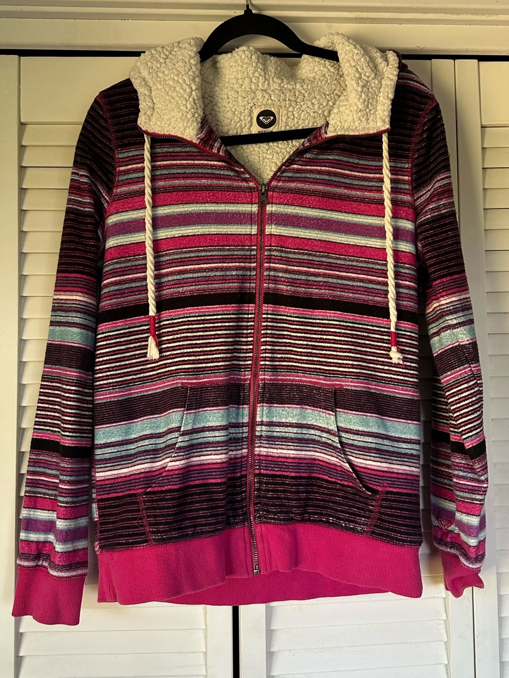 Roxy Striped Sherpa-Lined Zip Hoodie in Magenta, Teal, Black
